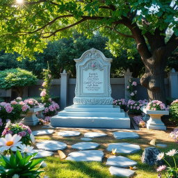 A serene and tranquil memorial garden scene, featuring lush greenery, blooming flowers in soft pastel colors, and a beautiful, ornate stone memorial monument in the center
