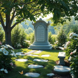 A serene and tranquil memorial garden scene, featuring lush greenery, blooming flowers in soft pastel colors, and a beautiful, ornate stone memorial monument in the center