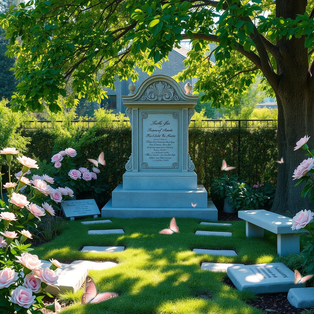 A serene and tranquil memorial garden scene, featuring lush greenery, blooming flowers in soft pastel colors, and a beautiful, ornate stone memorial monument in the center