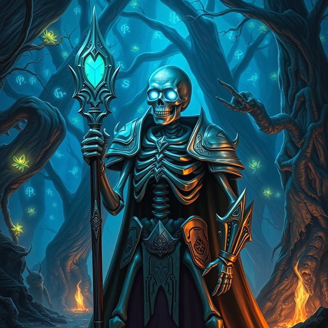 A fantasy skeleton character from Dungeons & Dragons, depicted in intricate armor, standing in an ancient, mystical forest