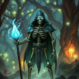 A fantasy skeleton character from Dungeons & Dragons, depicted in intricate armor, standing in an ancient, mystical forest
