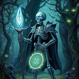 A fantasy skeleton character from Dungeons & Dragons, depicted in intricate armor, standing in an ancient, mystical forest
