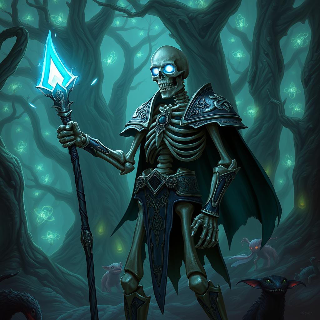 A fantasy skeleton character from Dungeons & Dragons, depicted in intricate armor, standing in an ancient, mystical forest