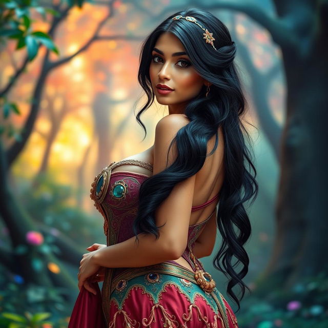 A 4'11" Middle Eastern woman with silky black hair and dark brown eyes, light tan skin, and thick lips