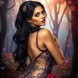 A 4'11" Middle Eastern woman with silky black hair and dark brown eyes, light tan skin, and thick lips