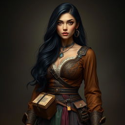 A full-body portrait of a 4'11" Middle Eastern woman with silky black hair cascading down her shoulders, and deep dark brown eyes