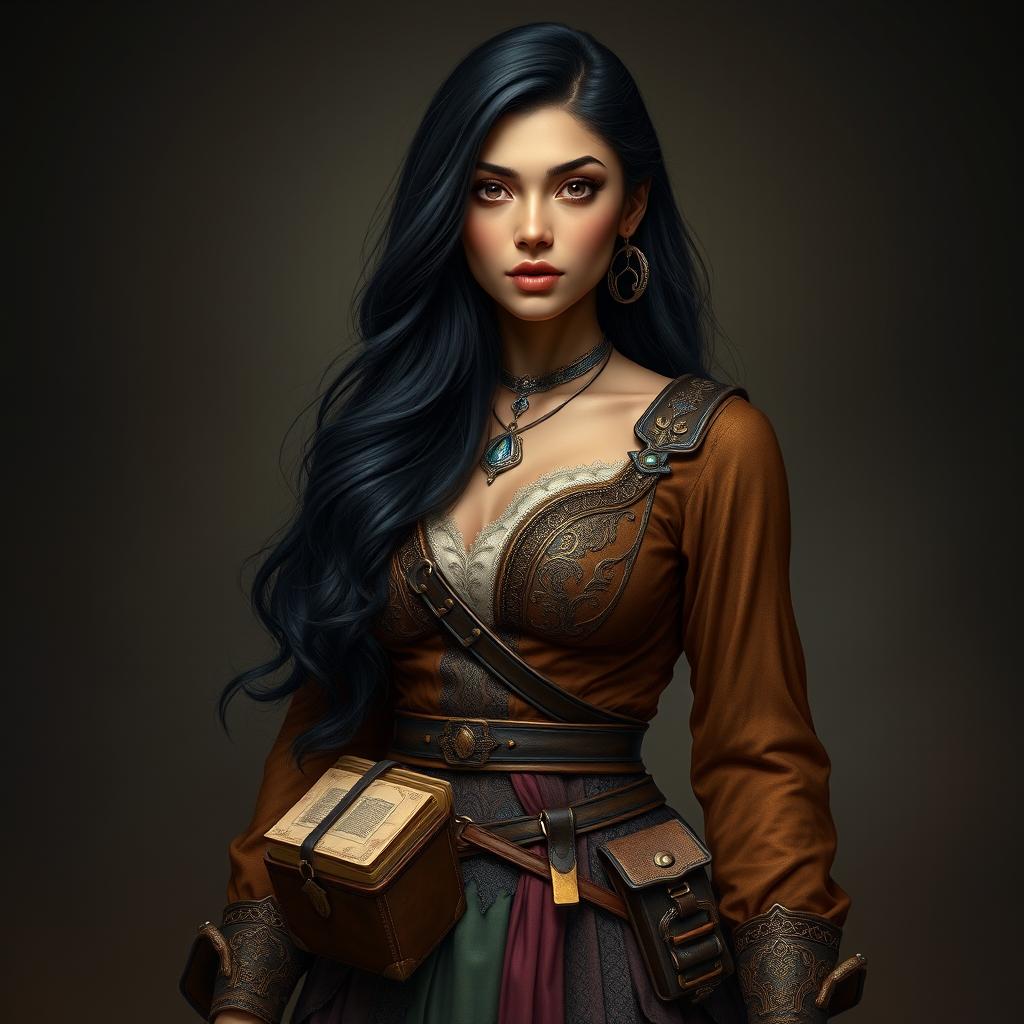 A full-body portrait of a 4'11" Middle Eastern woman with silky black hair cascading down her shoulders, and deep dark brown eyes