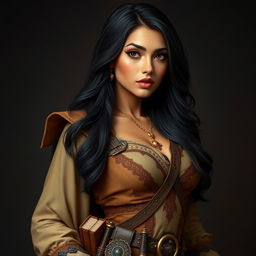 A full-body portrait of a 4'11" Middle Eastern woman with silky black hair cascading down her shoulders, and deep dark brown eyes