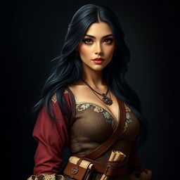 A full-body portrait of a 4'11" Middle Eastern woman with silky black hair cascading down her shoulders, and deep dark brown eyes