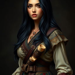 A full-body portrait of a 4'11" Middle Eastern woman with silky black hair cascading down her shoulders, and deep dark brown eyes