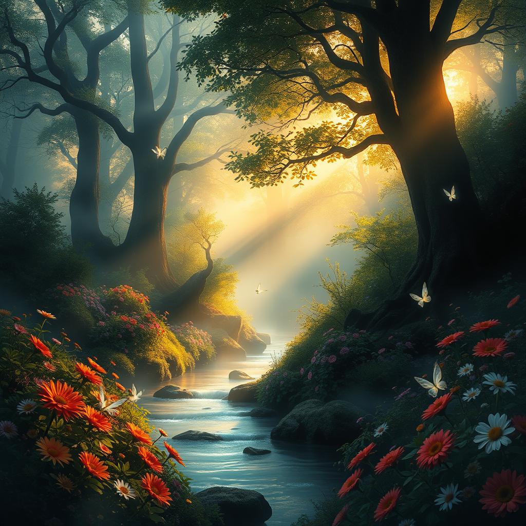 A serene and mystical landscape set beyond the shadows, featuring a luminous forest bathed in soft, ethereal light