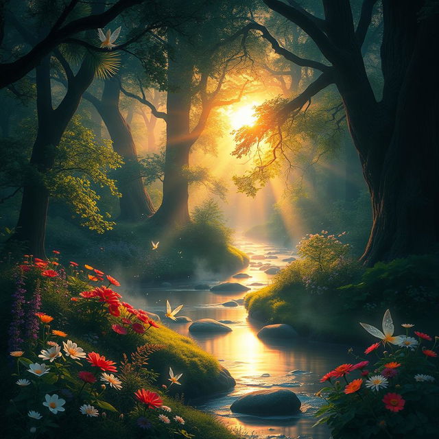 A serene and mystical landscape set beyond the shadows, featuring a luminous forest bathed in soft, ethereal light