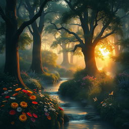 A serene and mystical landscape set beyond the shadows, featuring a luminous forest bathed in soft, ethereal light