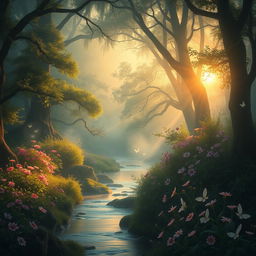 A serene and mystical landscape set beyond the shadows, featuring a luminous forest bathed in soft, ethereal light