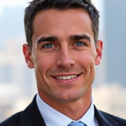 A portrait of a handsome man with striking features, deep blue eyes, and an engaging smile