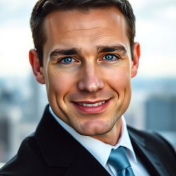 A portrait of a handsome man with striking features, deep blue eyes, and an engaging smile