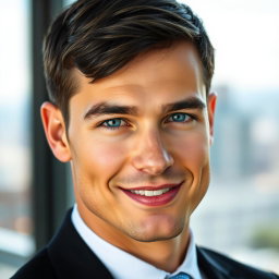 A portrait of a handsome man with striking features, deep blue eyes, and an engaging smile