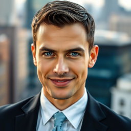 A portrait of a handsome man with striking features, deep blue eyes, and an engaging smile