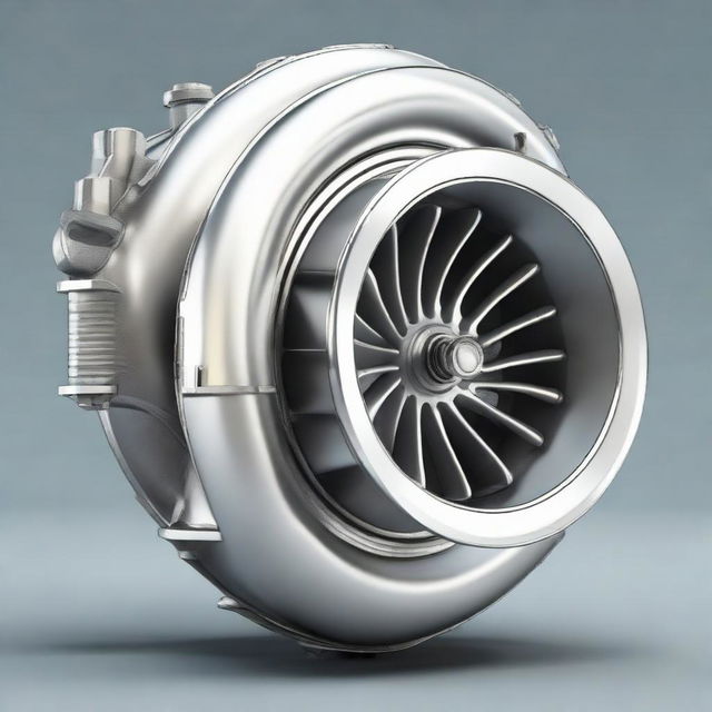 A highly detailed illustration of a turbo charger with intricate parts and metallic finish.