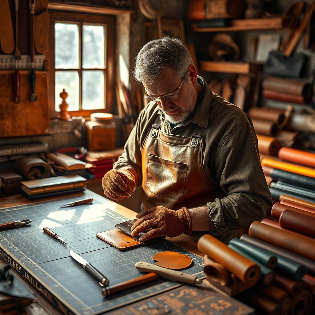 A detailed and artistic scene showcasing the artistry of leather crafting