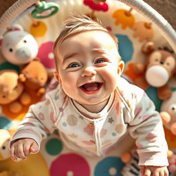 A cute and playful baby lying on a soft, colorful play mat surrounded by plush toys
