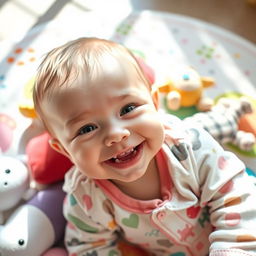 A cute and playful baby lying on a soft, colorful play mat surrounded by plush toys