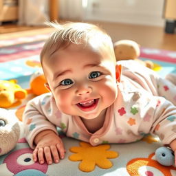 A cute and playful baby lying on a soft, colorful play mat surrounded by plush toys