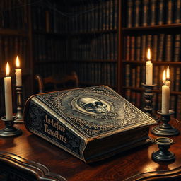 An ancient, weathered book titled 'Au-delà des Ténèbres' resting on an ornate wooden table