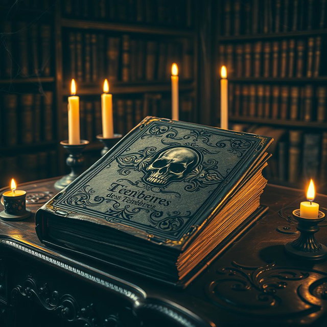 An ancient, weathered book titled 'Au-delà des Ténèbres' resting on an ornate wooden table