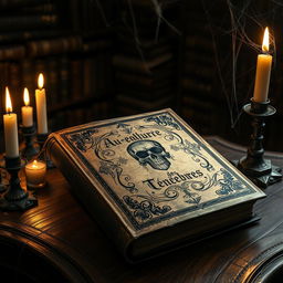 An ancient, weathered book titled 'Au-delà des Ténèbres' resting on an ornate wooden table