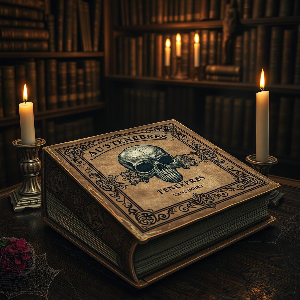An ancient, weathered book titled 'Au-delà des Ténèbres' resting on an ornate wooden table
