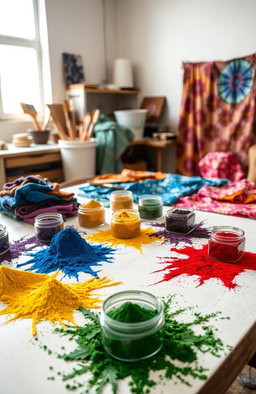 A beautifully arranged table showcasing various textile dyes used in the textile industry