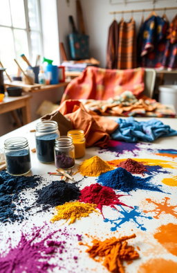 A beautifully arranged table showcasing various textile dyes used in the textile industry