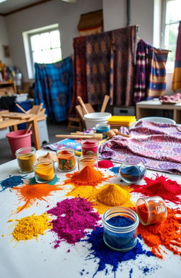 A beautifully arranged table showcasing various textile dyes used in the textile industry