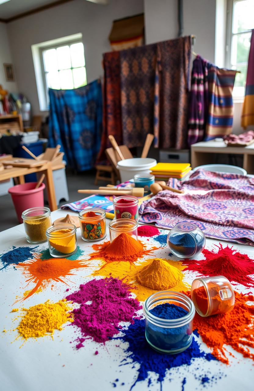 A beautifully arranged table showcasing various textile dyes used in the textile industry