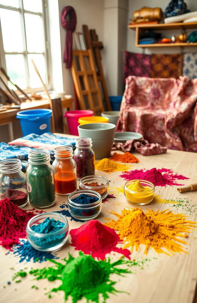 A beautifully arranged table showcasing various textile dyes used in the textile industry
