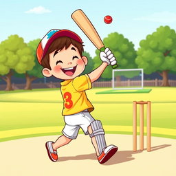 A vibrant and playful clip art illustration of a young boy enthusiastically playing cricket