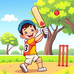 A vibrant and playful clip art illustration of a young boy enthusiastically playing cricket
