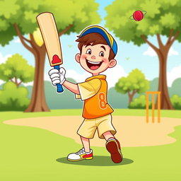 A vibrant and playful clip art illustration of a young boy enthusiastically playing cricket