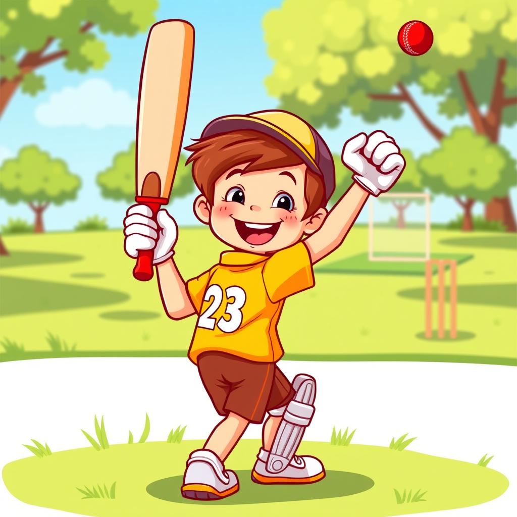 A vibrant and playful clip art illustration of a young boy enthusiastically playing cricket