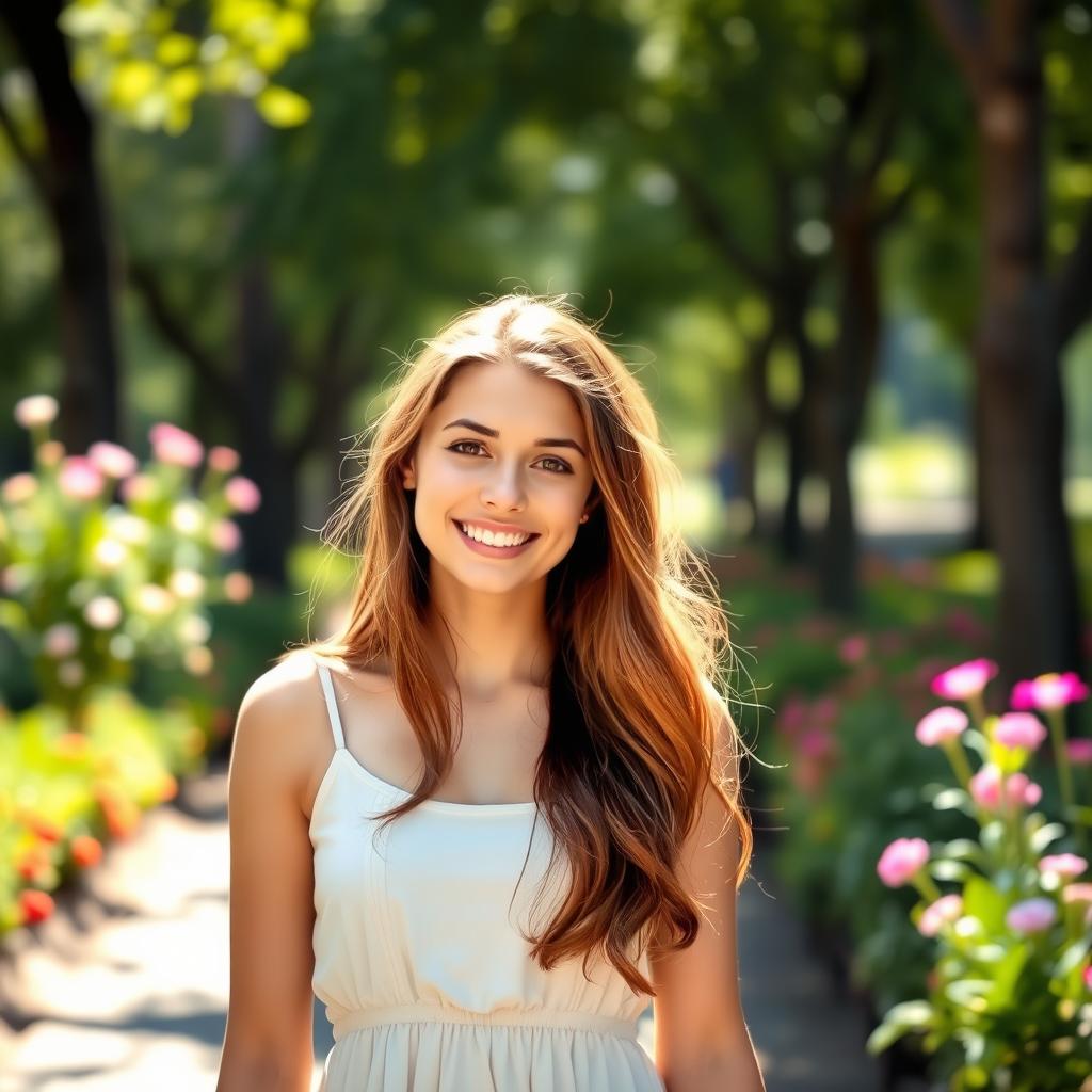 A beautiful young woman, smiling and approachable, standing in a sunlit park surrounded by nature