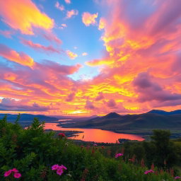 A stunning landscape featuring a beautiful sky filled with vibrant colors at sunset, painting the clouds in shades of orange, pink, and purple