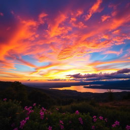 A stunning landscape featuring a beautiful sky filled with vibrant colors at sunset, painting the clouds in shades of orange, pink, and purple