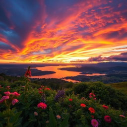 A stunning landscape featuring a beautiful sky filled with vibrant colors at sunset, painting the clouds in shades of orange, pink, and purple