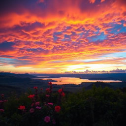 A stunning landscape featuring a beautiful sky filled with vibrant colors at sunset, painting the clouds in shades of orange, pink, and purple