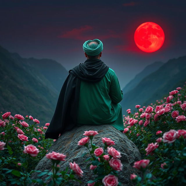 A man seated on a rock in a mountainous landscape filled with pink flowers embodies the character of Imam Hussein (peace be upon him)