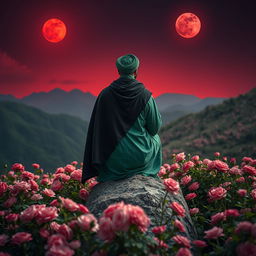 A man seated on a rock in a mountainous landscape filled with pink flowers embodies the character of Imam Hussein (peace be upon him)