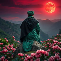 A man seated on a rock in a mountainous landscape filled with pink flowers embodies the character of Imam Hussein (peace be upon him)