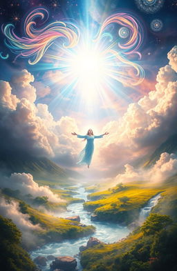 A mystical scene depicting a divine revelation, filled with a vibrant light illuminating the clouds