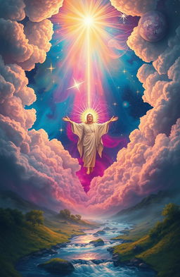 A mystical scene depicting a divine revelation, filled with a vibrant light illuminating the clouds